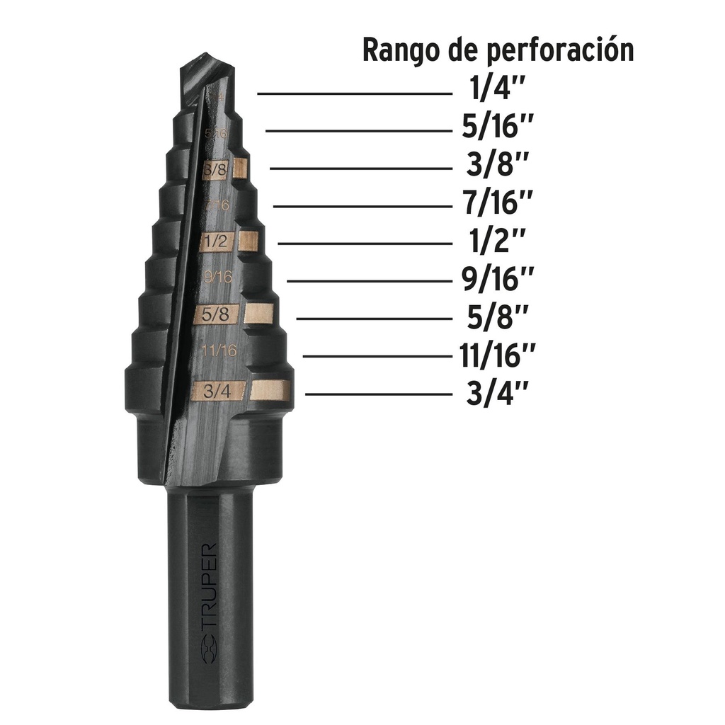 Broca escalonada óxido negro 9 escalones 1/4' a 3/4', Truper