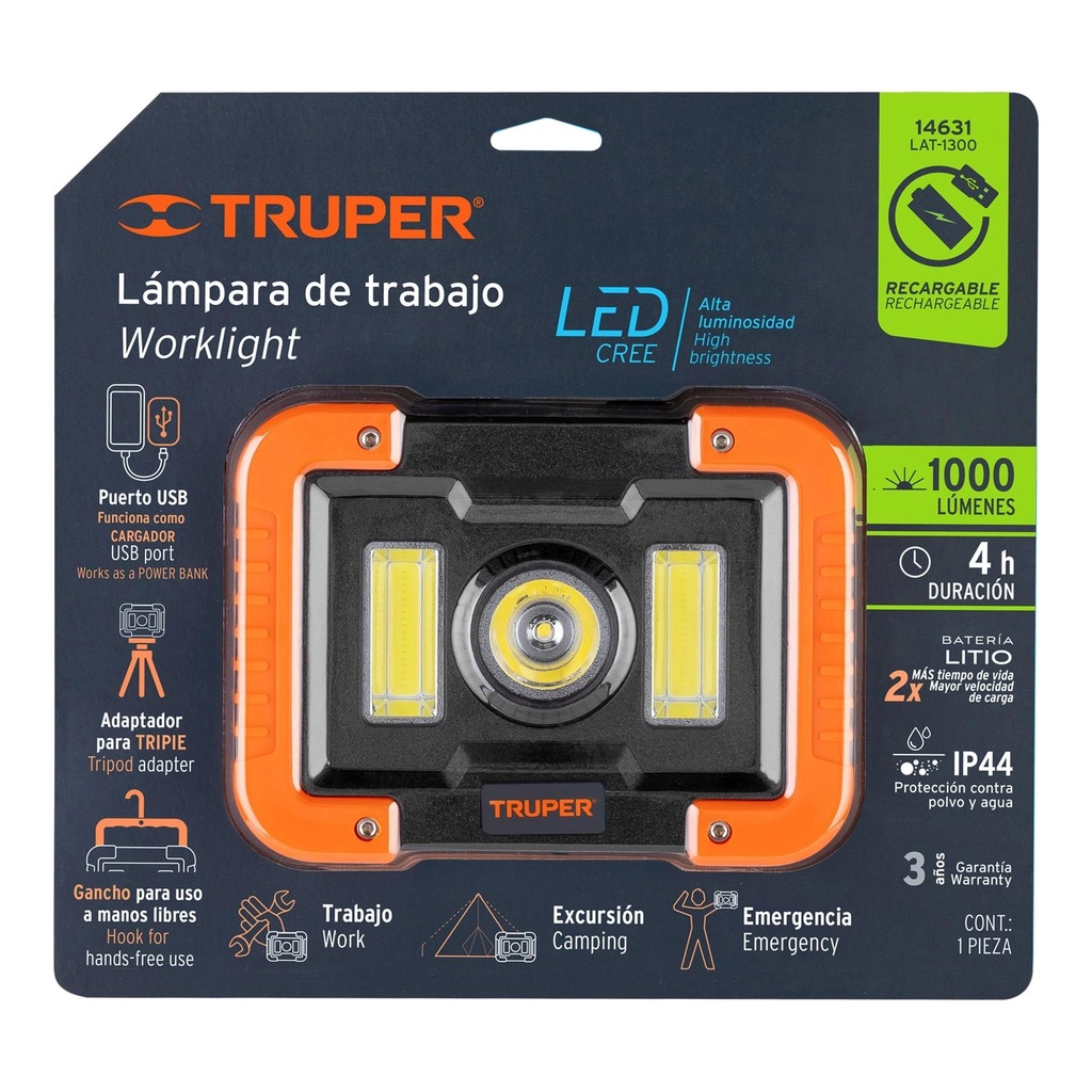 Lámpara LED 1600 lm de trabajo, recargable, Truper