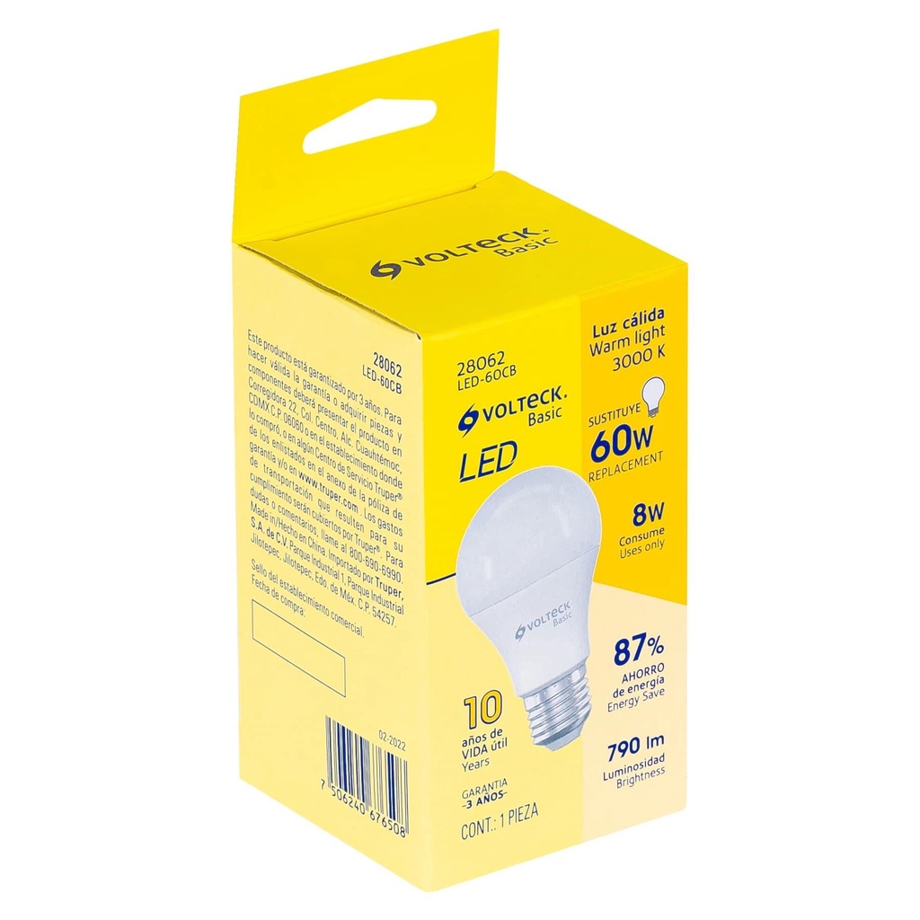 Lámpara LED A19 8 W (equiv. 60 W), luz cálida, caja, Basic