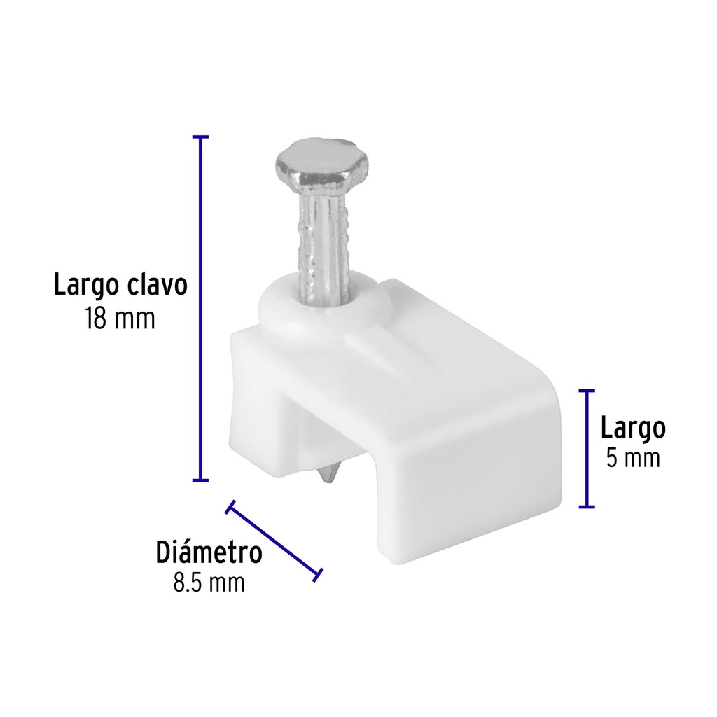 Bolsa con 500 grapas blancas de 5 X 8.5 mm para cable plano