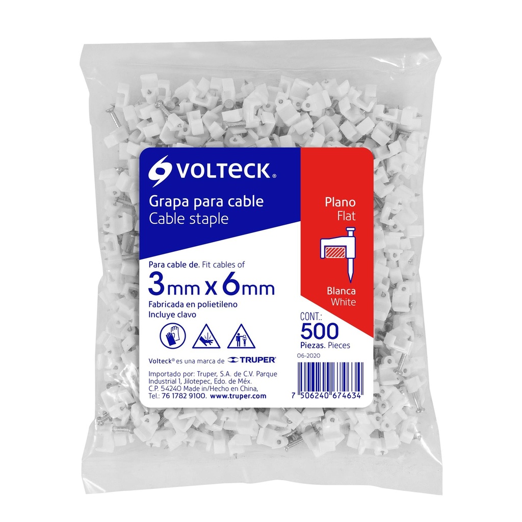 Bolsa con 500 grapas blancas de 3 X 6 mm para cable plano