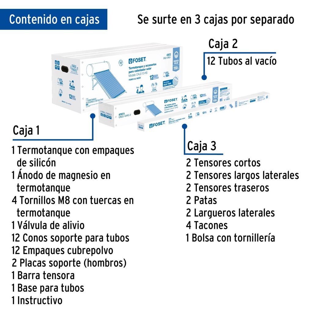 Calentador solar de agua Heat Pipe 12 tubos 150L, 4 personas