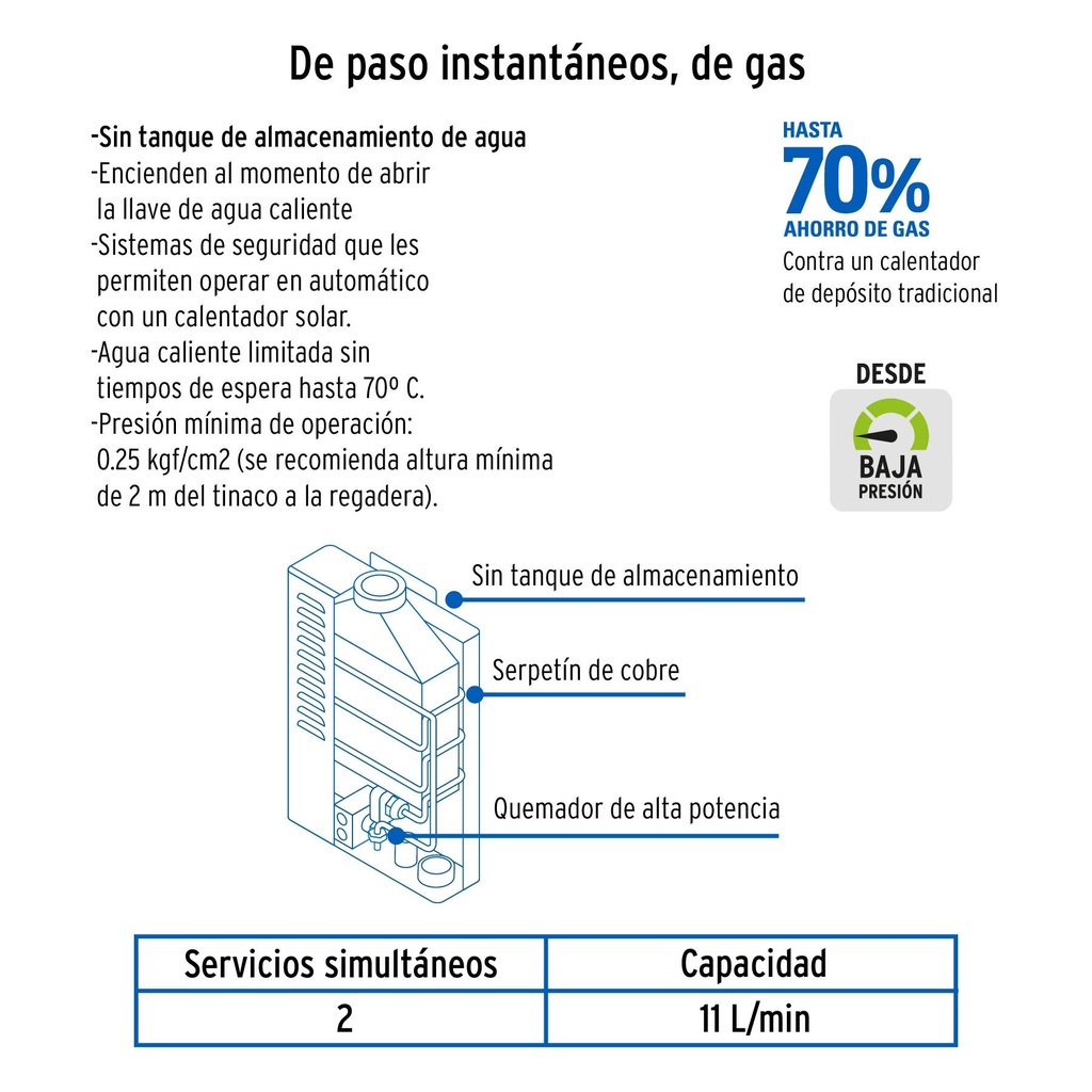 Calentador de paso instantáneo 11 L 2 servicios gas L.P.