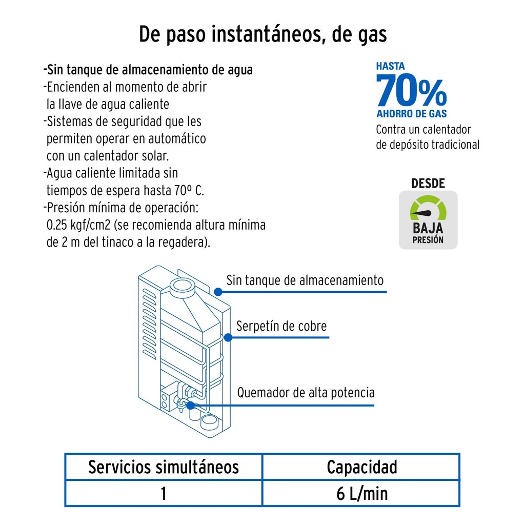 Calentador de paso Instantáneo 6 L 1 servicio gas natural