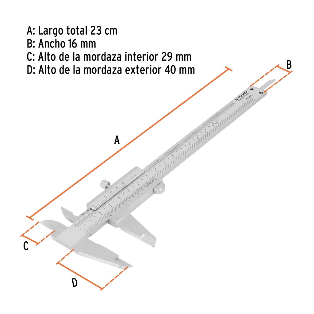 Calibrador vernier analógico 6' acero inox, std y mm, Truper