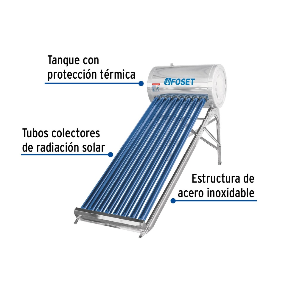 Calentador solar de agua de 8 tubos 92 L, 2 personas, Foset