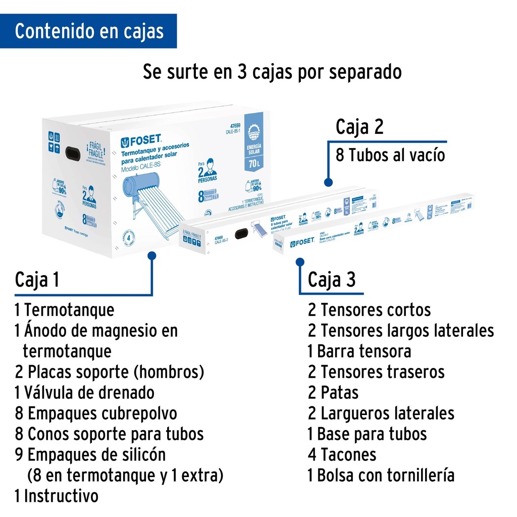 Calentador solar de agua de 8 tubos 92 L, 2 personas, Foset