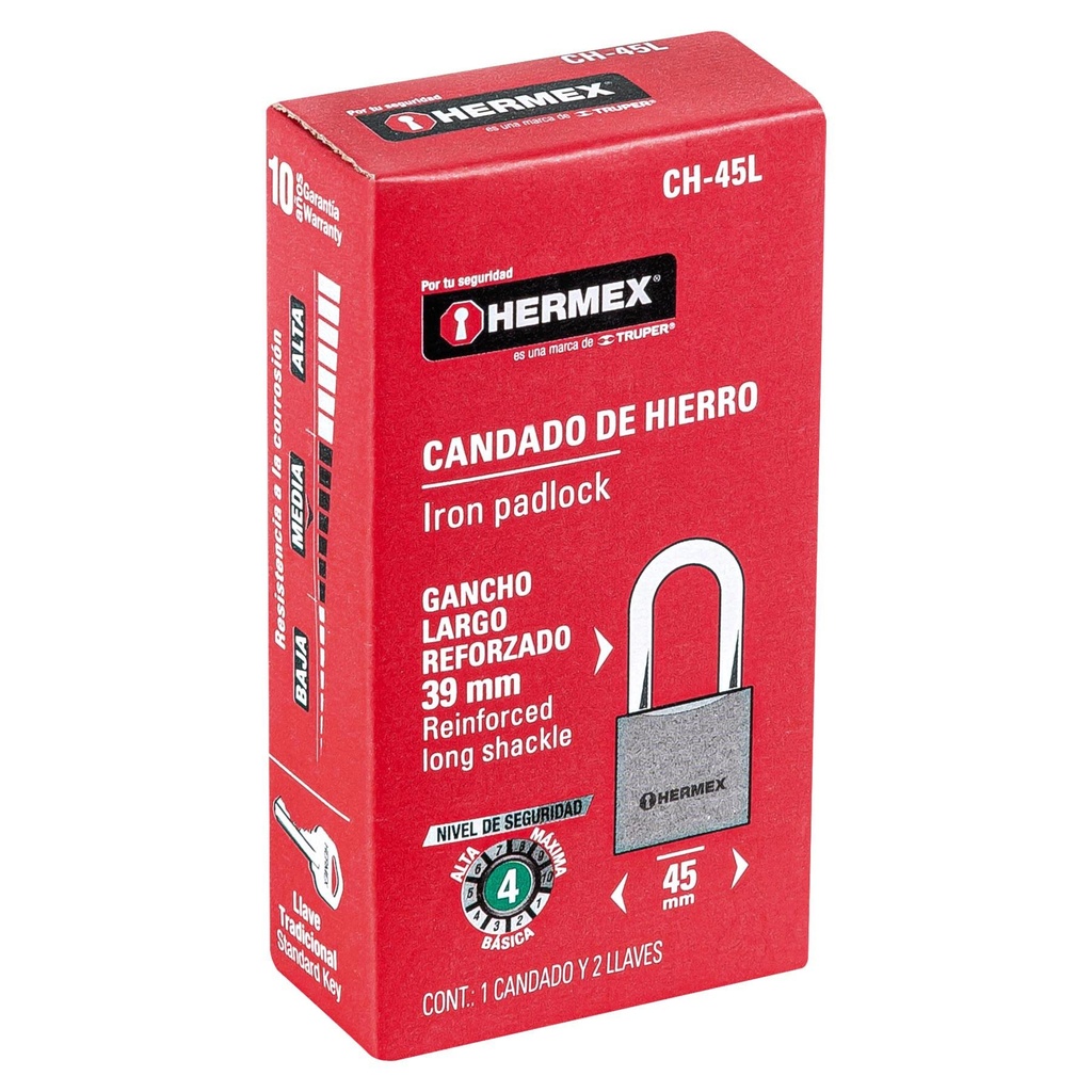 Candado de hierro 45 mm gancho largo en caja, Hermex