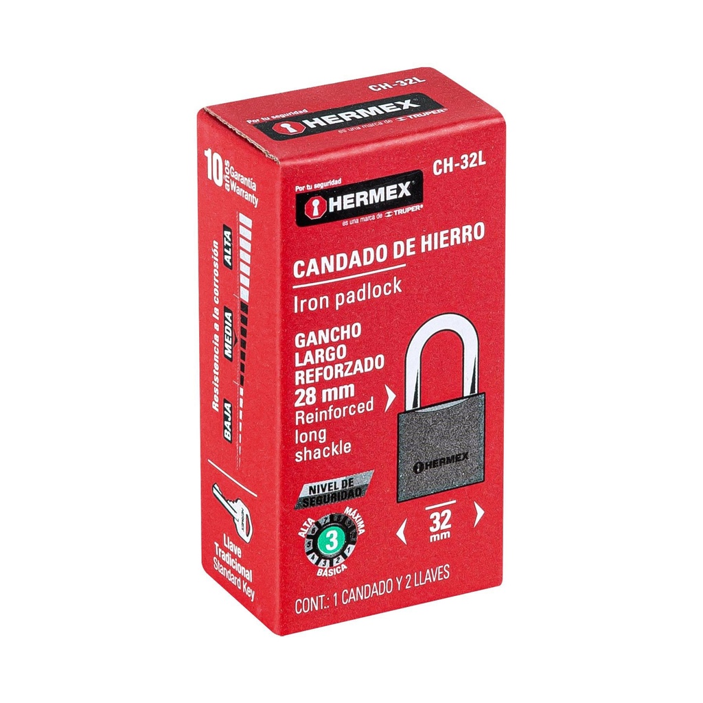 Candado de hierro 32 mm gancho largo en caja, Hermex