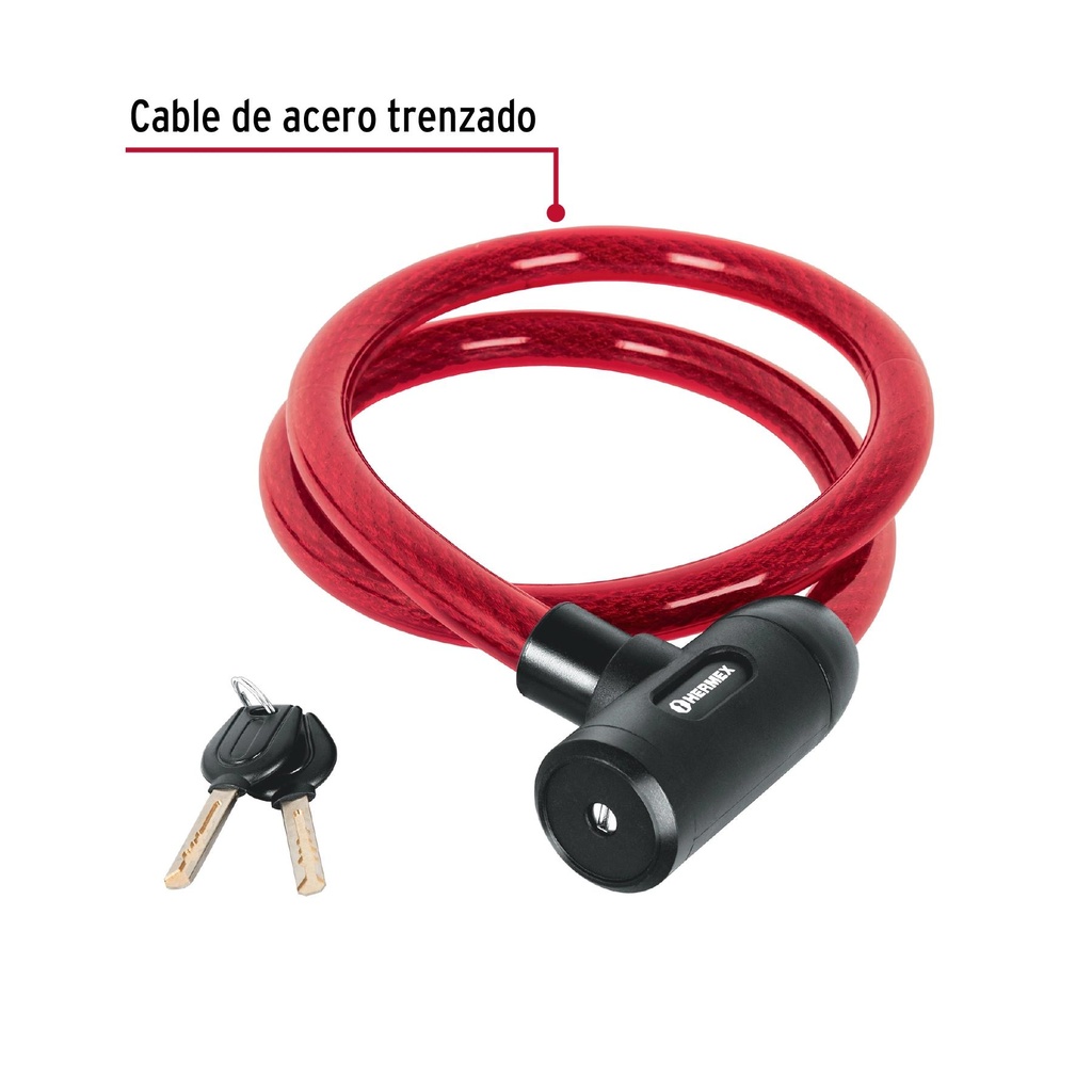 Candado de cable con llave, 20 mm X 1.20 m, Hermex