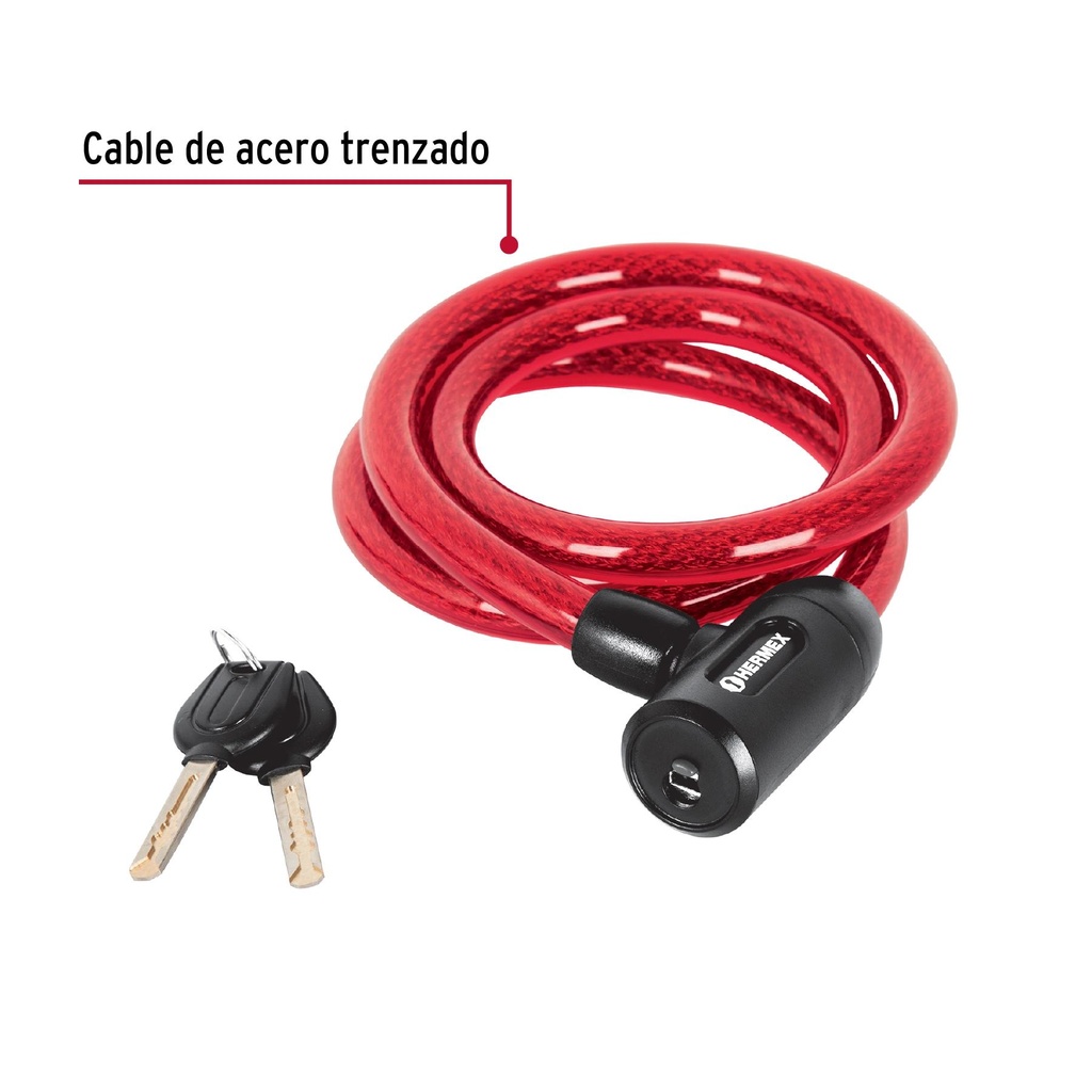 Candado de cable con llave, 15mm X 1.20 m, Hermex