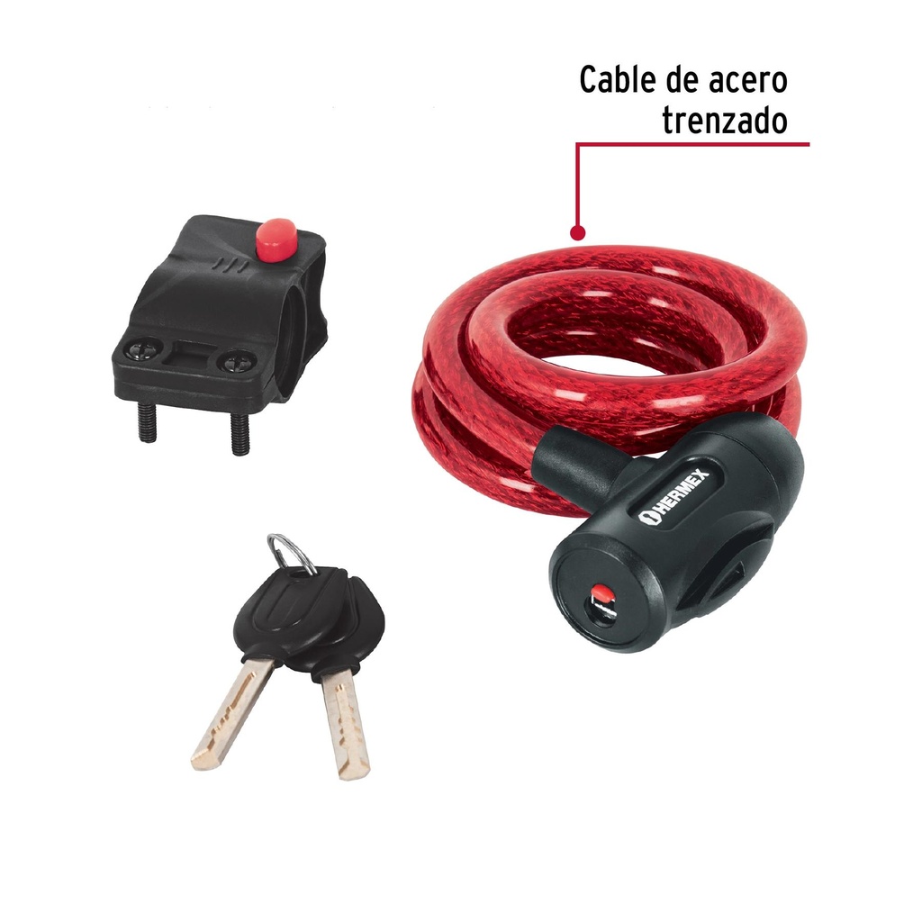 Candado de cable con llave, 12 mm X 1.0 m, Hermex