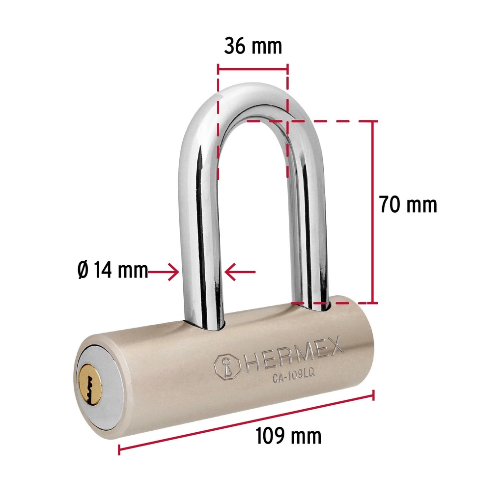 Candado de acero, 109mm, gancho largo, llave de puntos