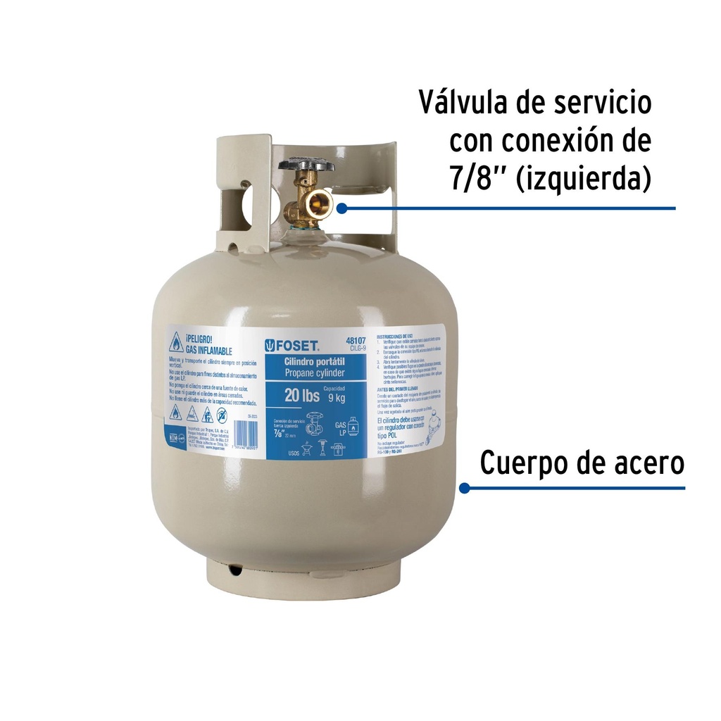 Cilindro portátil para Gas LP, 9kg, Foset