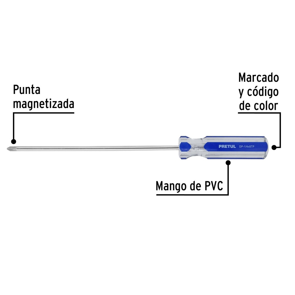 Desarmador de cruz 1/4 x 8' mango de PVC, Pretul