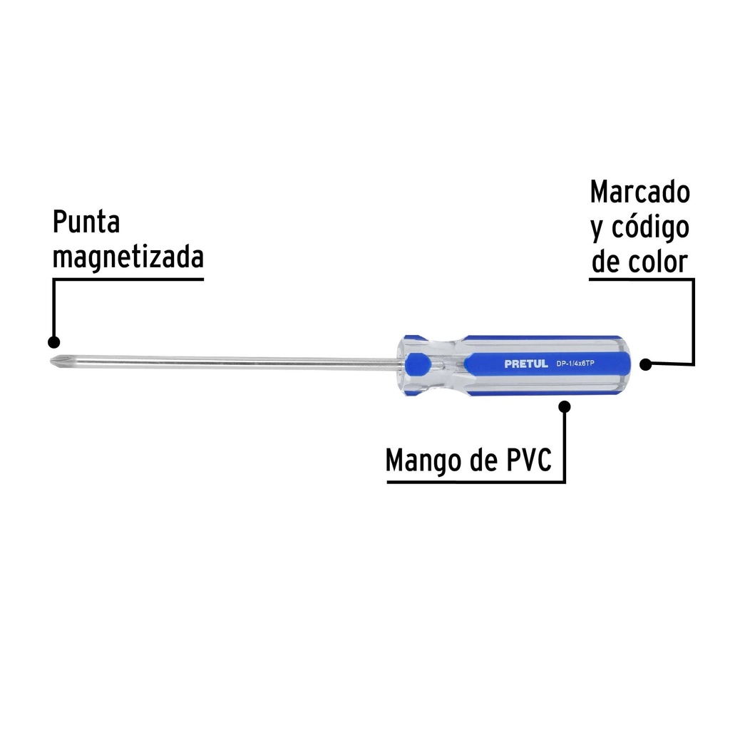 Desarmador de cruz 1/4 x 6' mango de PVC, Pretul