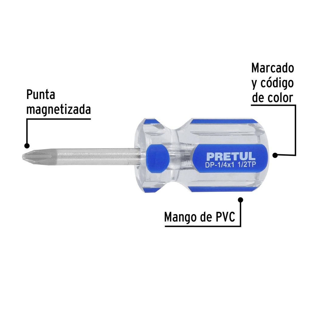 Desarmador de cruz 1/4 x 1-1/2' mango de PVC, Pretul