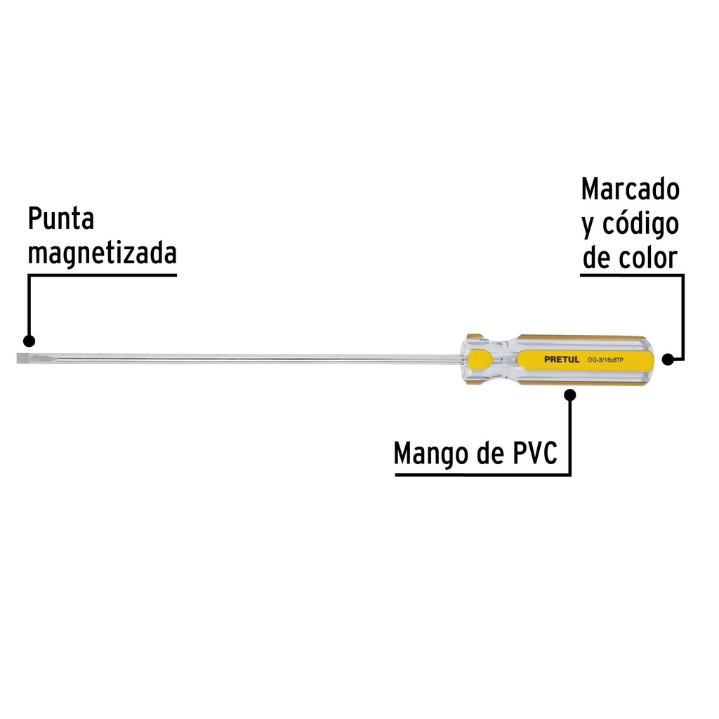 Desarmador cabinet 3/16 x 8' mango de PVC, Pretul