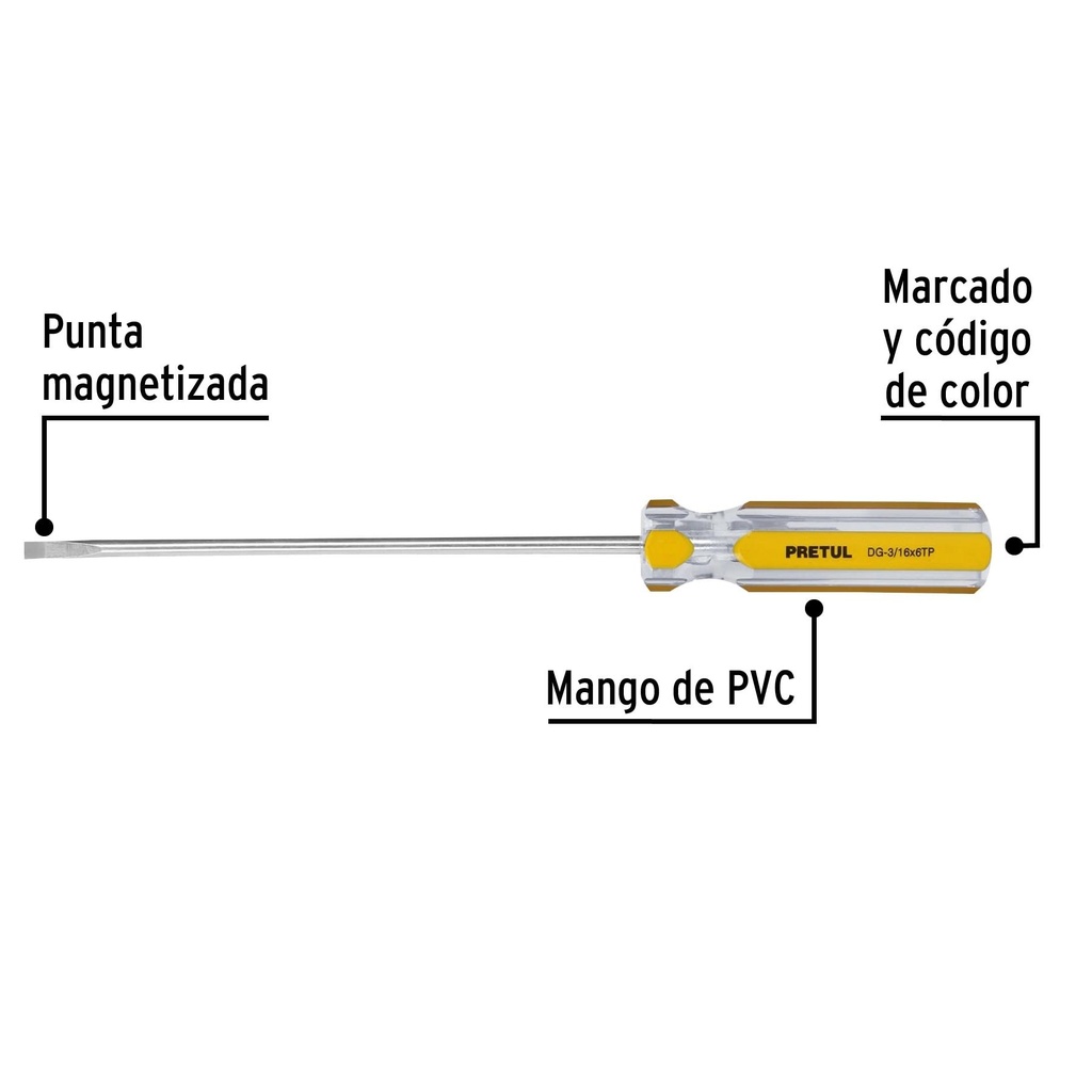 Desarmador cabinet 3/16 x 6' mango de PVC, Pretul