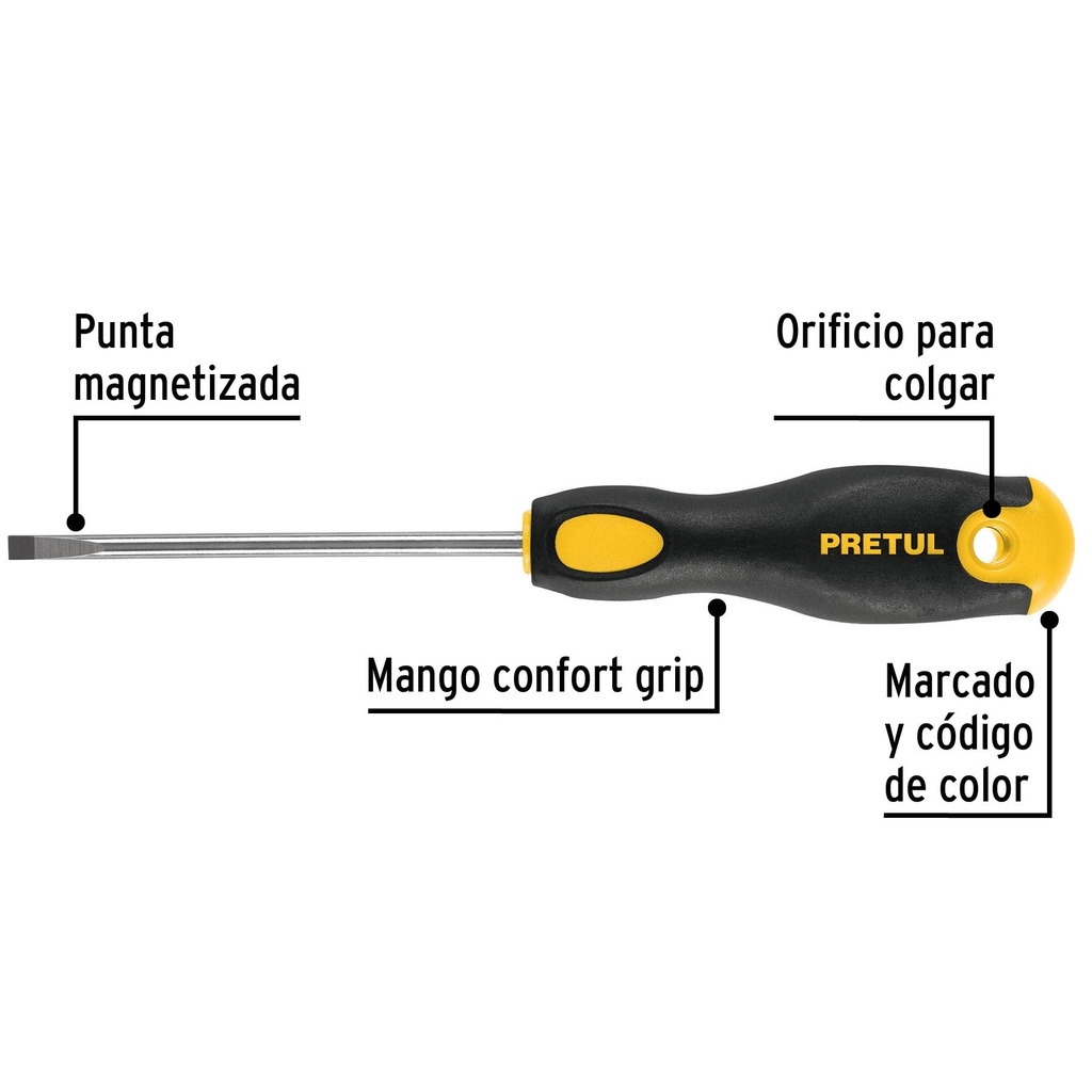 Desarmador cabinet 3/16 x 4' mango Comfort Grip, Pretul