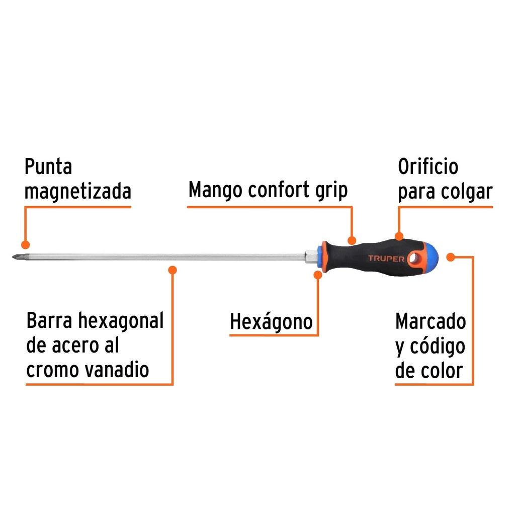 Desarmador de cruz 3/16' x 10' mango Comfort Grip, Truper