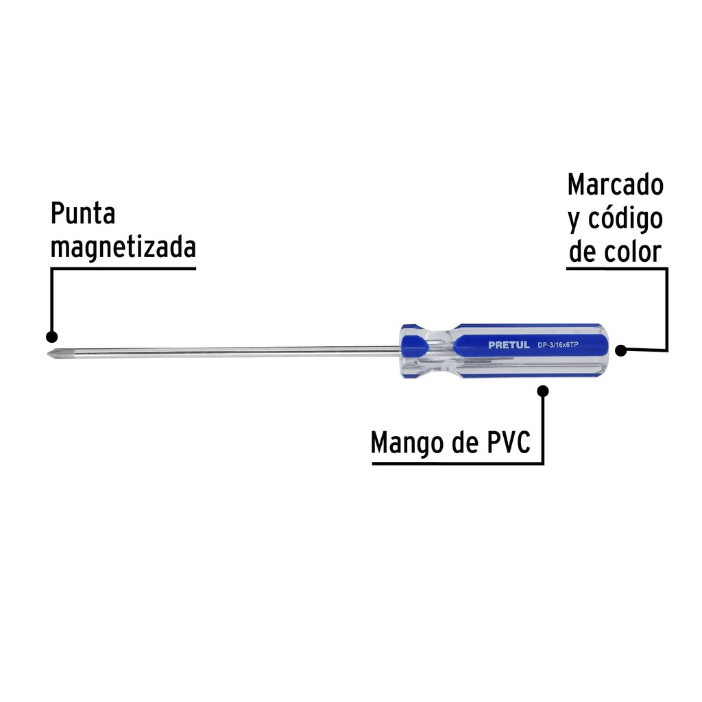 Desarmador de cruz 3/16 x 6' mango de PVC, Pretul