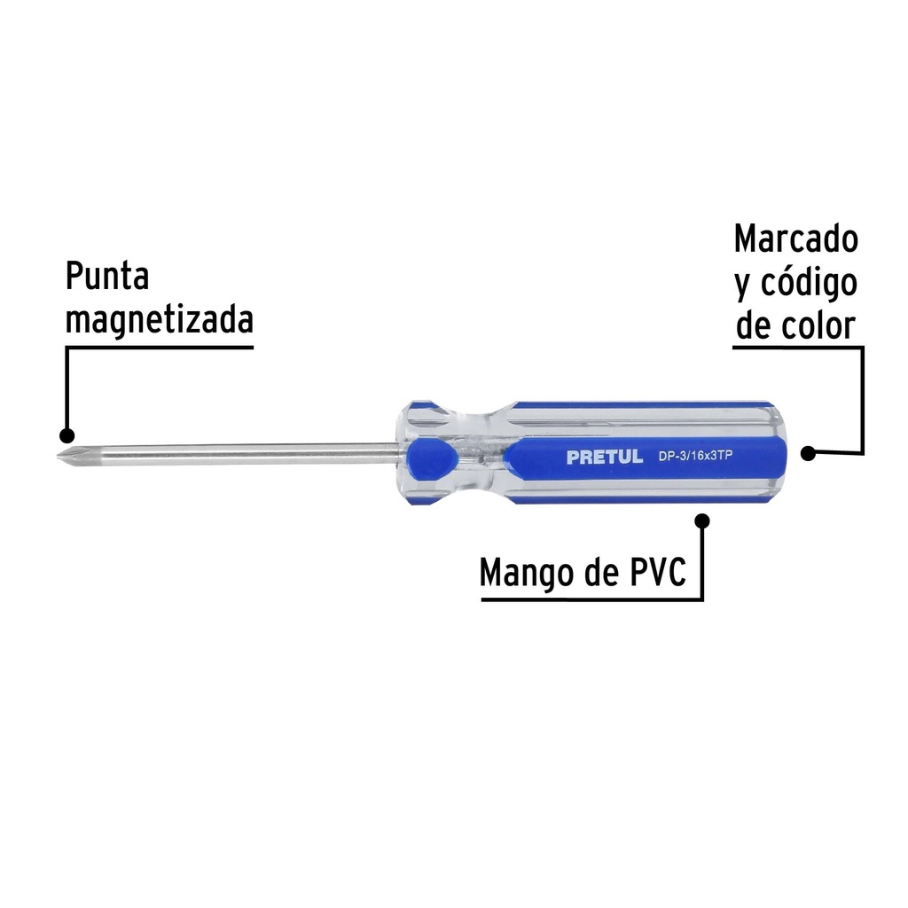 Desarmador de cruz 3/16 x 3' mango de PVC, Pretul