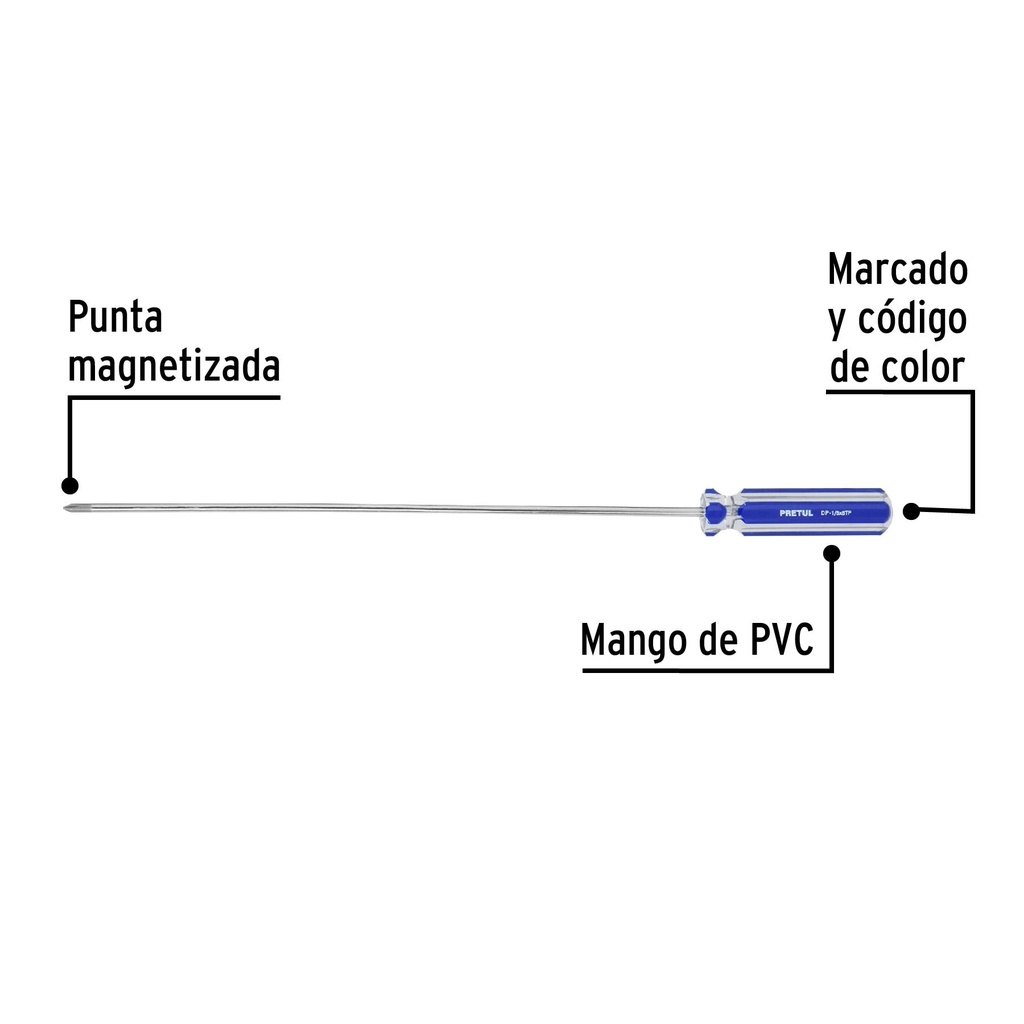 Desarmador de cruz 1/8' x 8' mango de PVC, Pretul