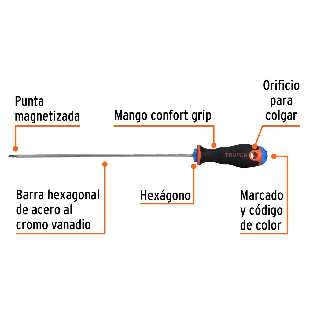 Desarmador de cruz 1/8' x 8' mango Comfort Grip, Truper