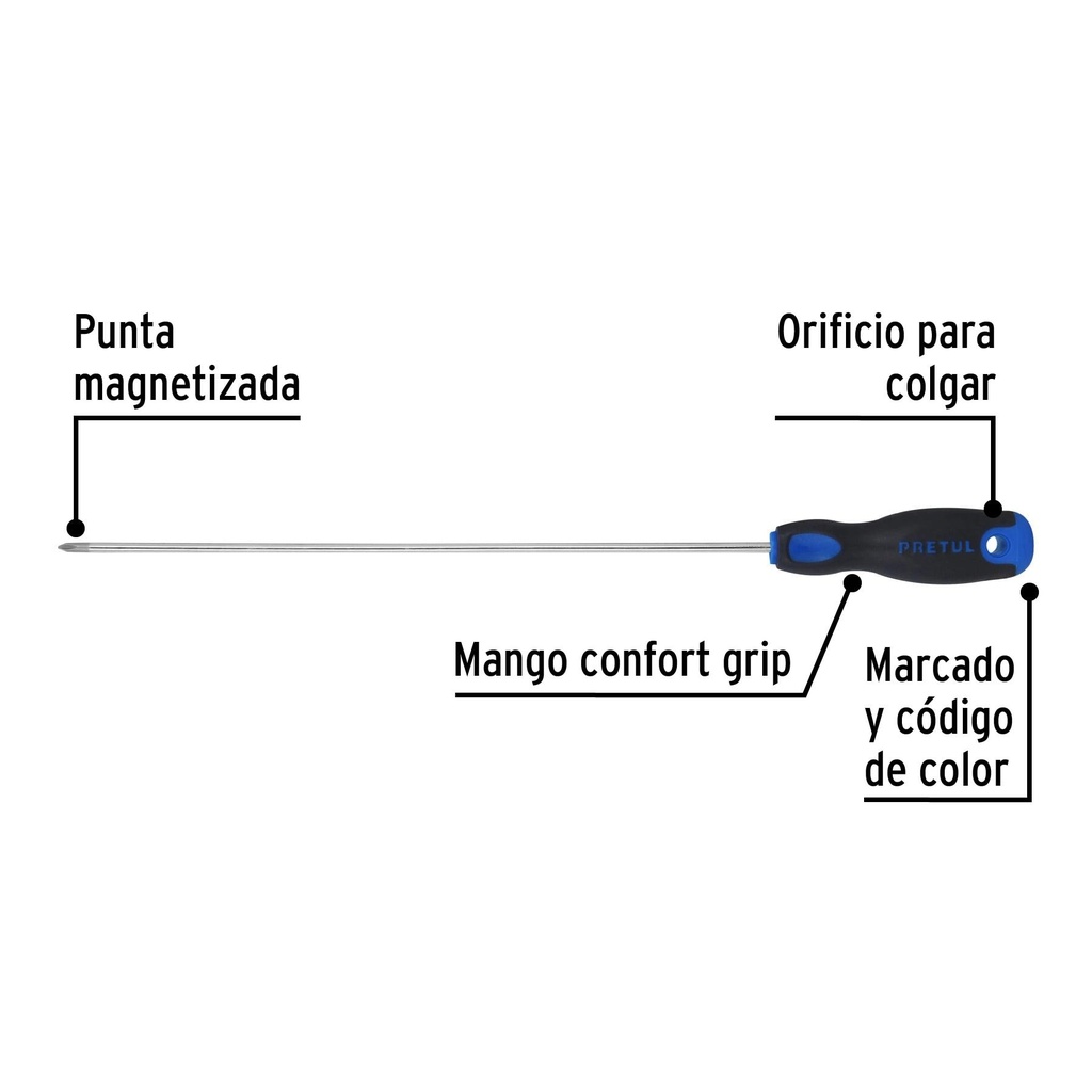 Desarmador de cruz 1/8' x 8' mango Comfort Grip, Pretul