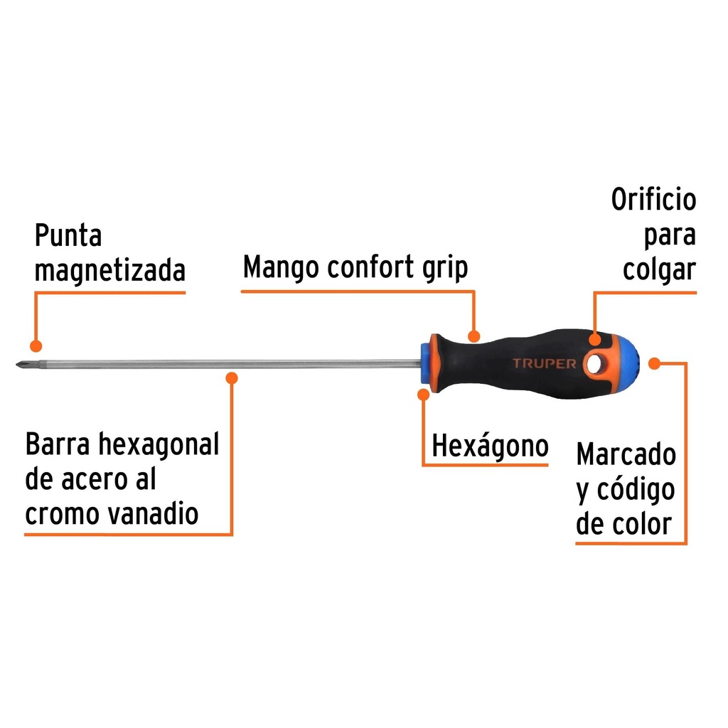 Desarmador de cruz 1/8' x 6' mango Comfort Grip, Truper