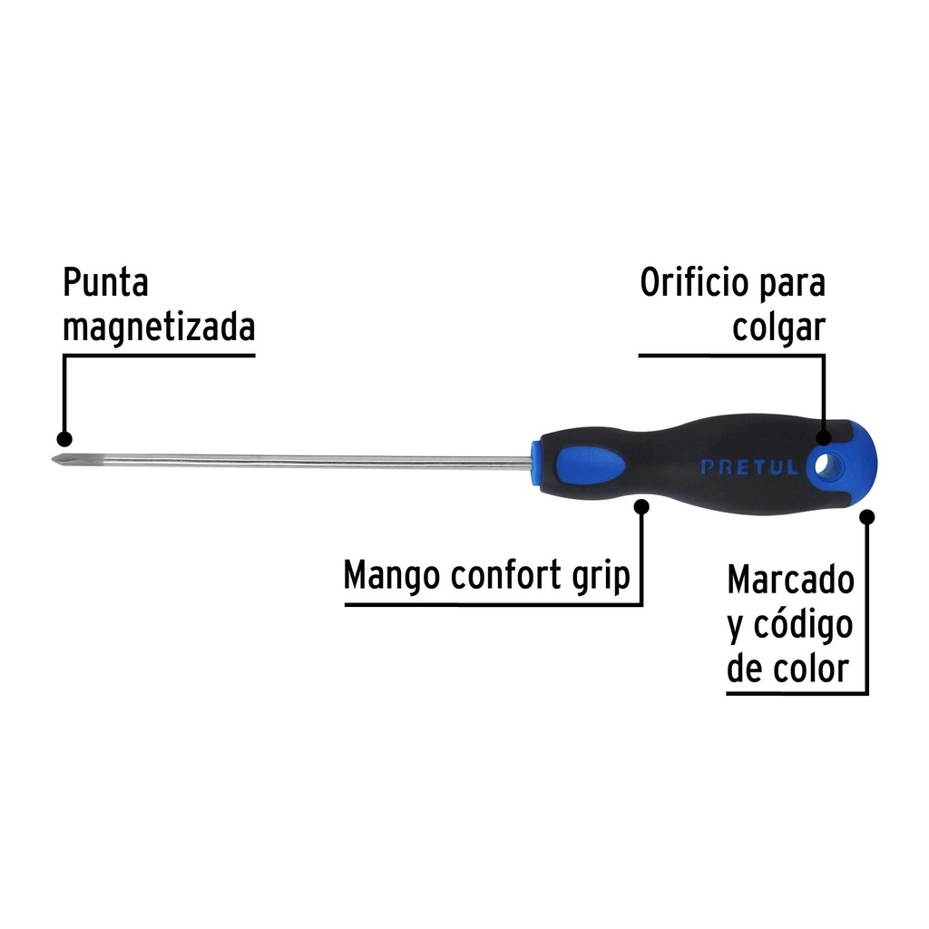 Desarmador de cruz 1/8' x 6' mango Comfort Grip, Pretul