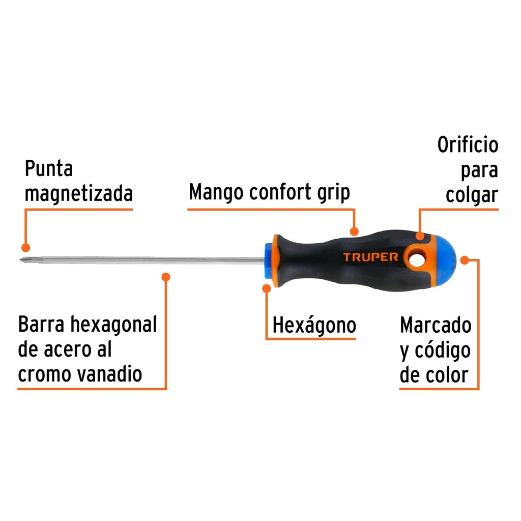 Desarmador de cruz 1/8' x 4' mango Comfort Grip, Truper