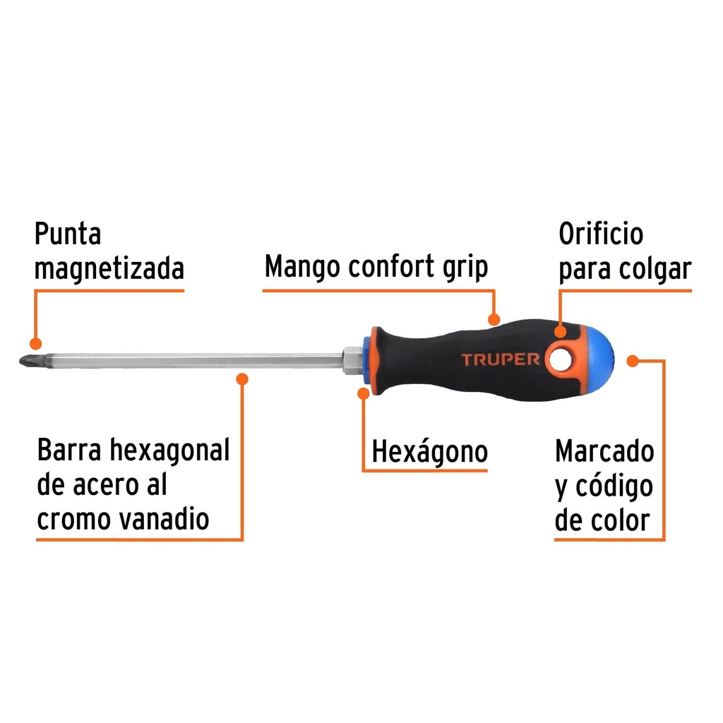 Desarmador de cruz 1/4' x 6' mango Comfort Grip, Truper