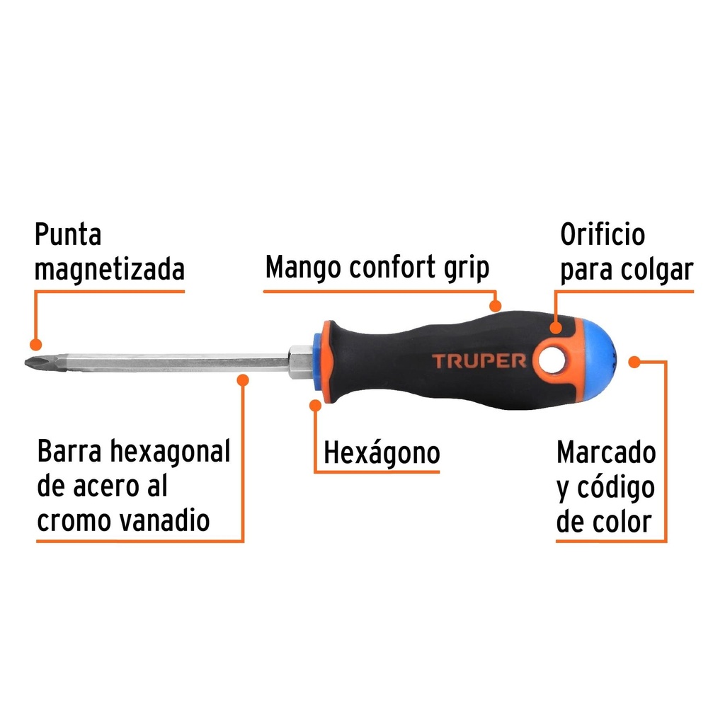 Desarmador de cruz 1/4' x 4' mango Comfort Grip, Truper