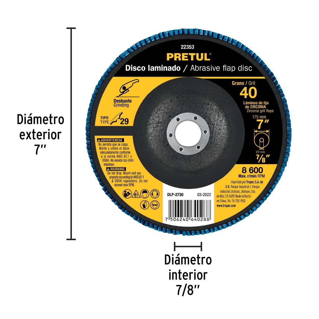 Disco 7' laminado grano 40 centro 7/8', Pretul