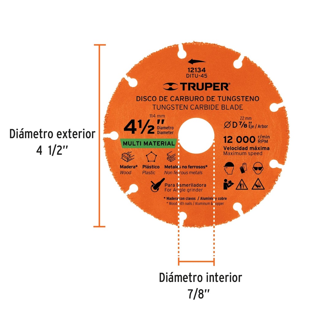 Disco 4-1/2' multimaterial de carburo de tungsteno, Truper