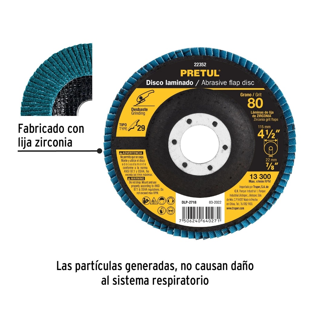 Disco 4-1/2' laminado grano 80 centro 7/8', Pretul