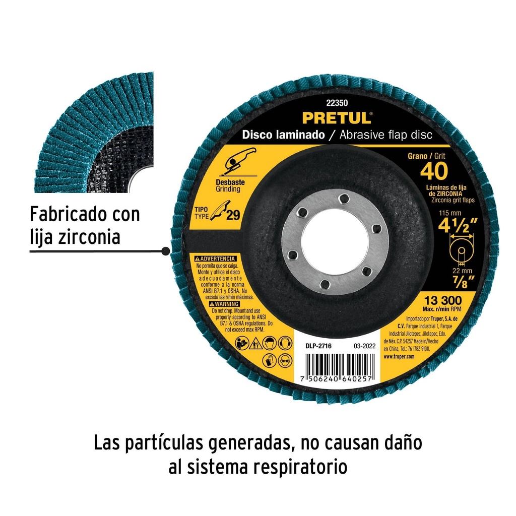 Disco 4-1/2' laminado grano 40 centro 7/8', Pretul