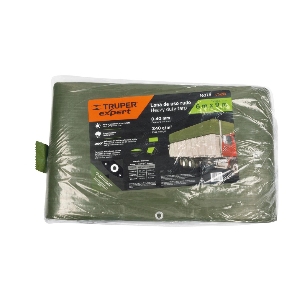 Lona uso rudo, verde olivo, 6 X 9 m, Truper Expert