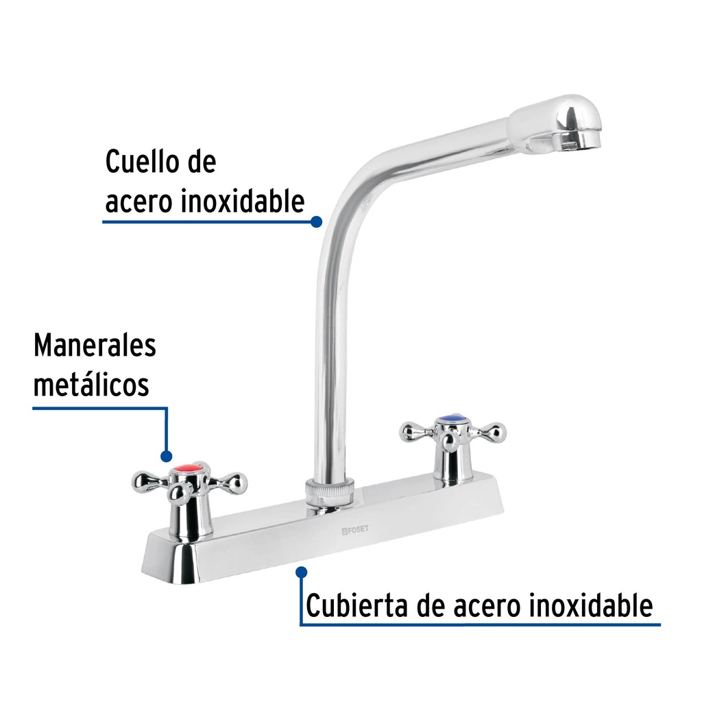 Mezcladora 8' p/fregadero, cuello cobra, manerales cruceta