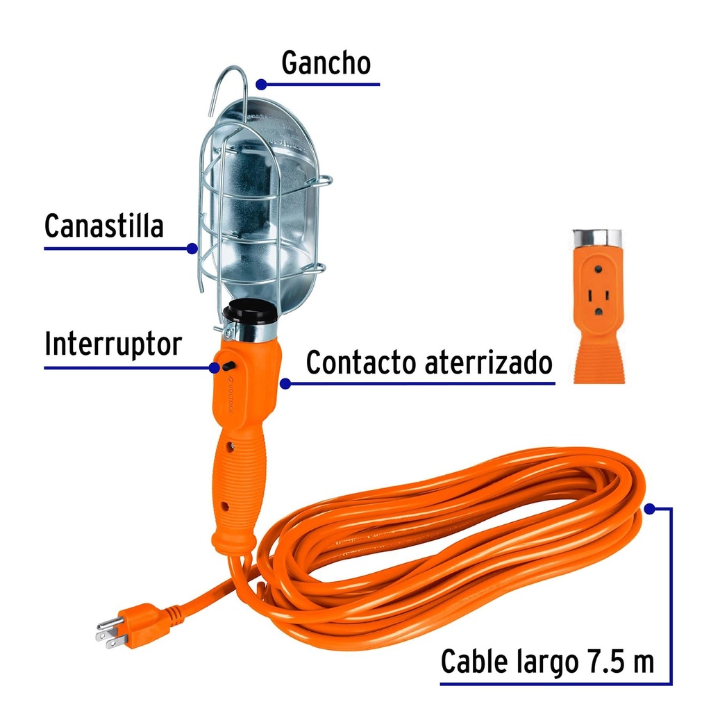 Lámpara de taller con canastilla metálica 7.5 m, Volteck