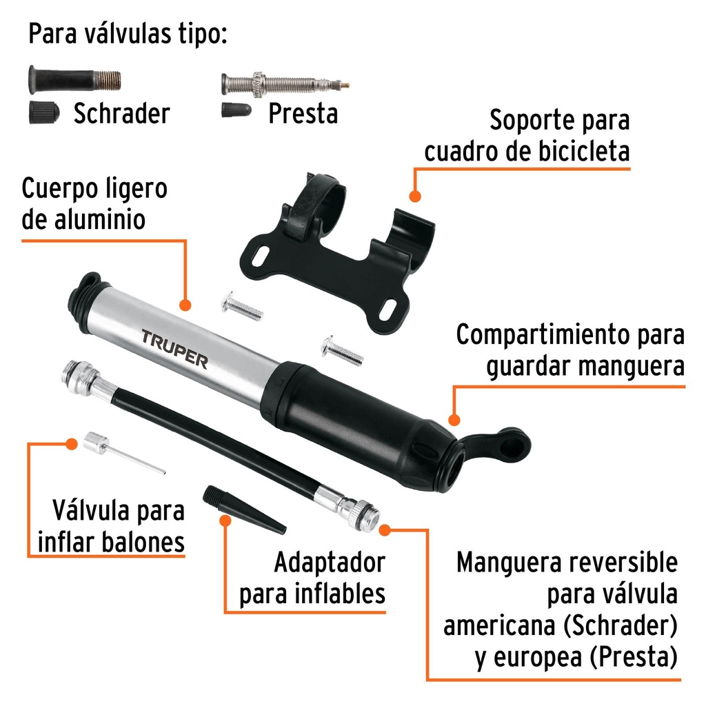 Mini bomba manual para bicicleta, abatible, 75 PSI, Truper