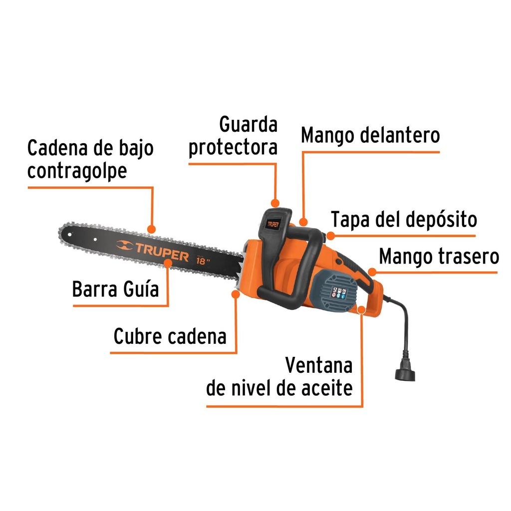 Motosierra eléctrica 1600 W con barra de 18', Truper