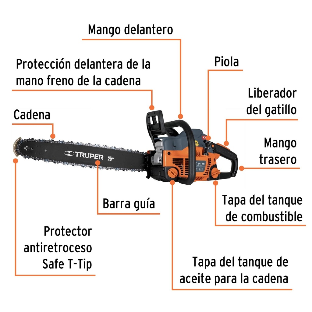 Motosierra 51 cc a gasolina con barra de 20', Truper