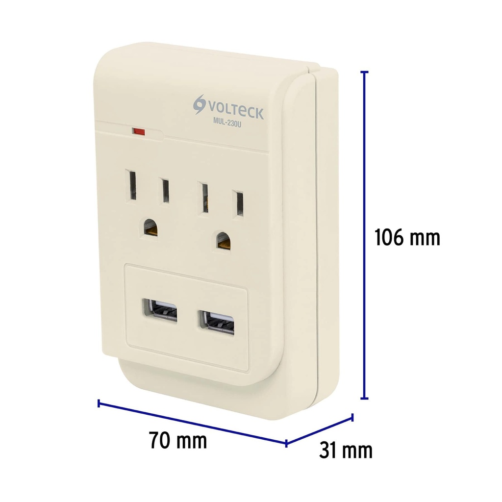 Multicontacto, 2 entradas,con 2 entradas USB, aterrizado