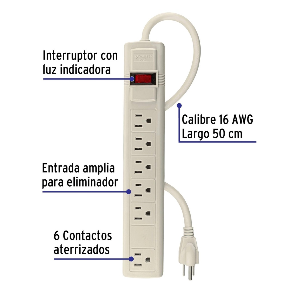 Multicontacto 16 AWG uso rudo con 6 entradas, Volteck