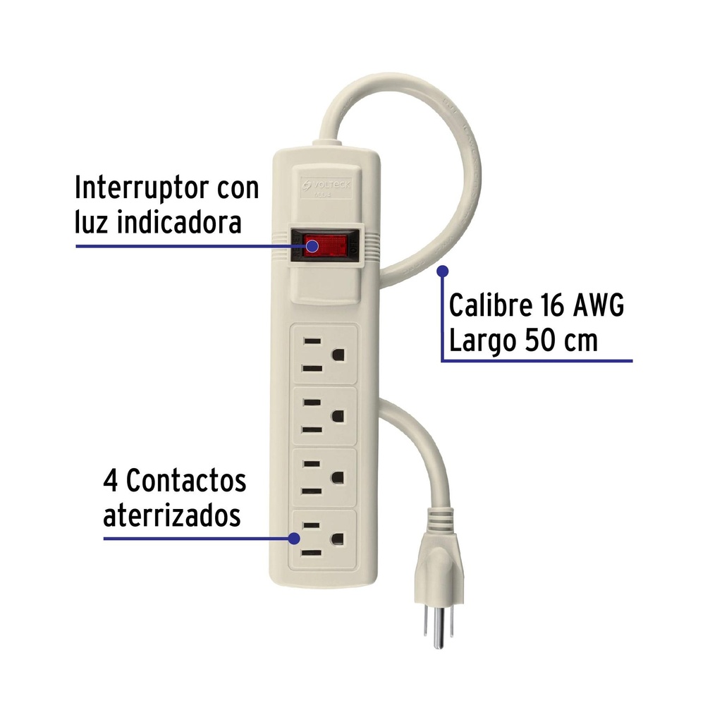 Multicontacto 16 AWG uso rudo con 4 entradas, Volteck