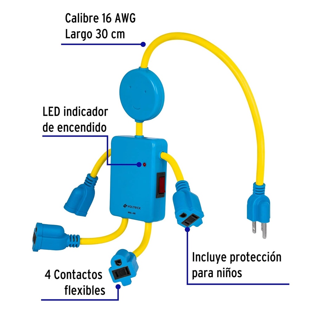 Multicontacto 16 AWG figura de niño con 4 entradas, Volteck