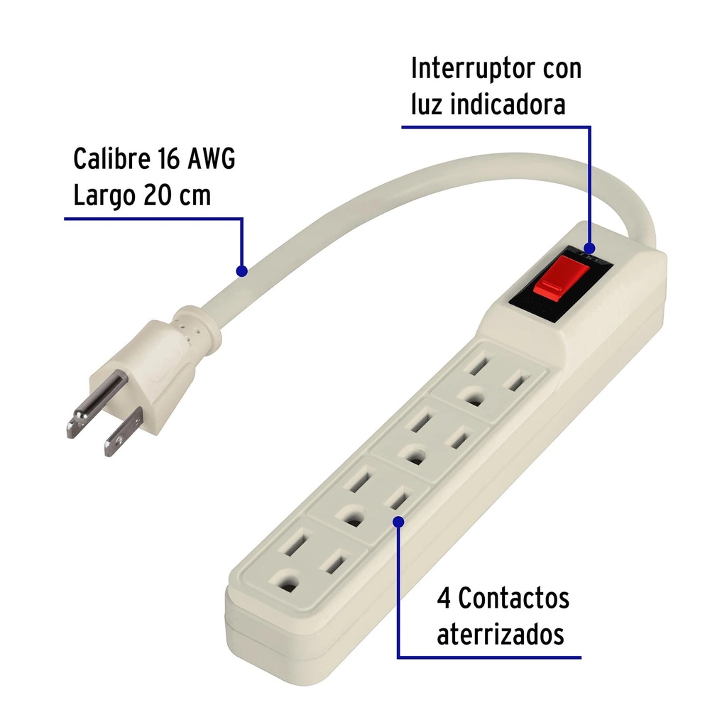 Multicontacto 16 AWG doméstico 4 entradas, Volteck